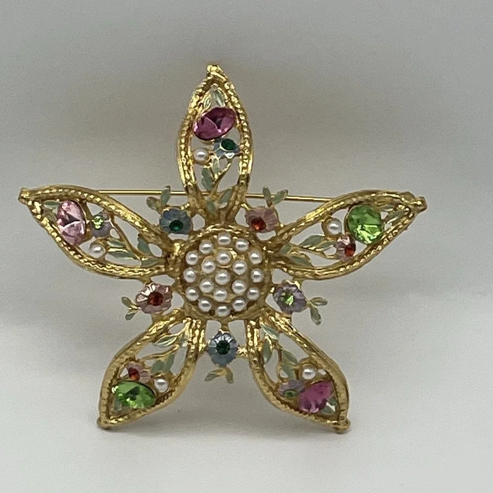 Vintage Rhinestone Pearl Brooch Signed Tiara Misu IV Pastel‎ Flower Gold Toned